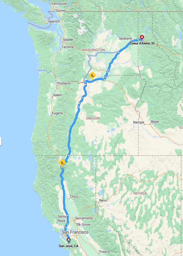 driving from San Jose, California to Coeur d'AleneIdaho - map and route