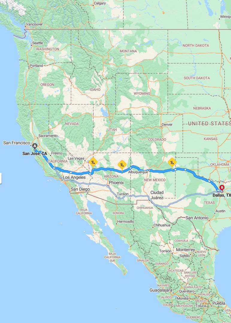 driving from San Jose, California to DallasTexas - map and route