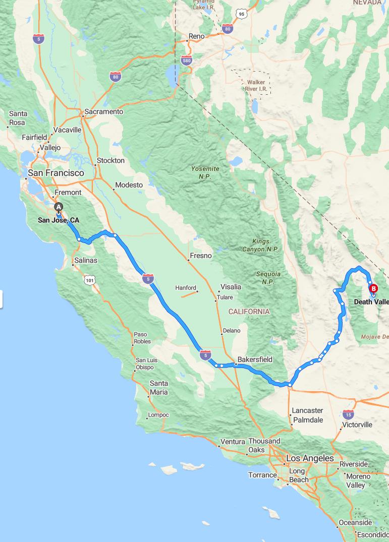 driving from San Jose, California to Death ValleyCalifornia - map and route
