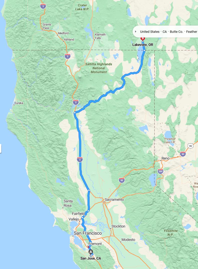 driving from San Jose, California to LakeviewOregon - map and route