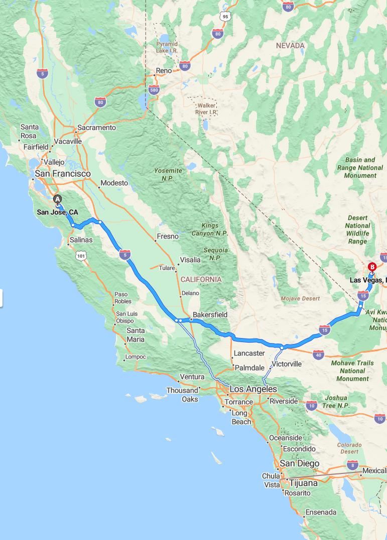 driving from San Jose, California to Las VegasNevada - map and route
