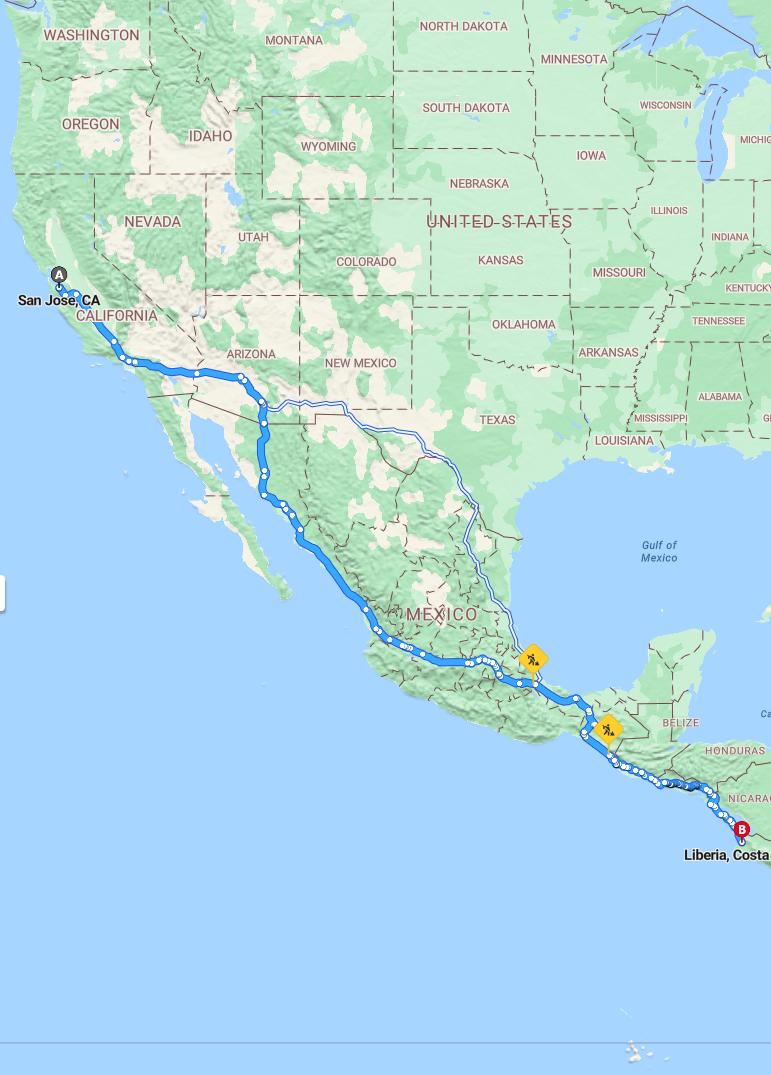 driving from San Jose, California to LiberiaGuanacaste - map and route
