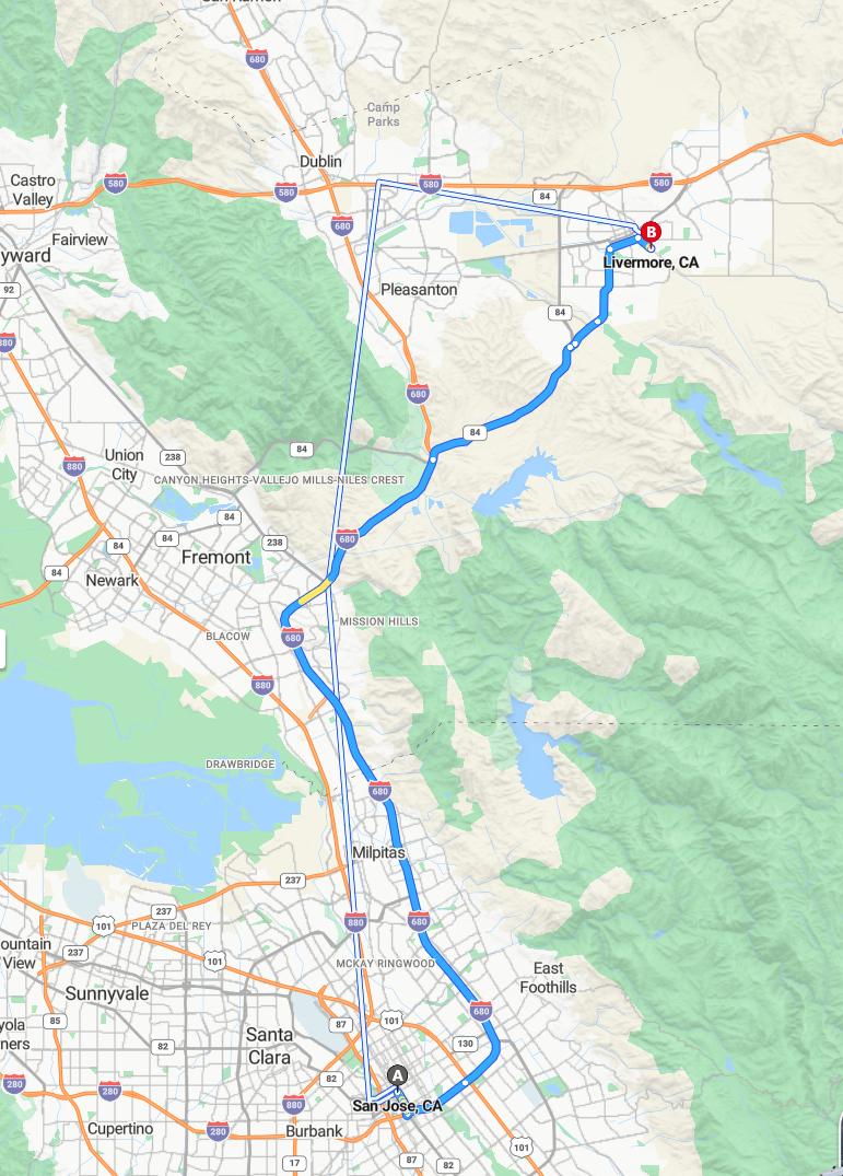 driving from San Jose, California to LivermoreCalifornia - map and route