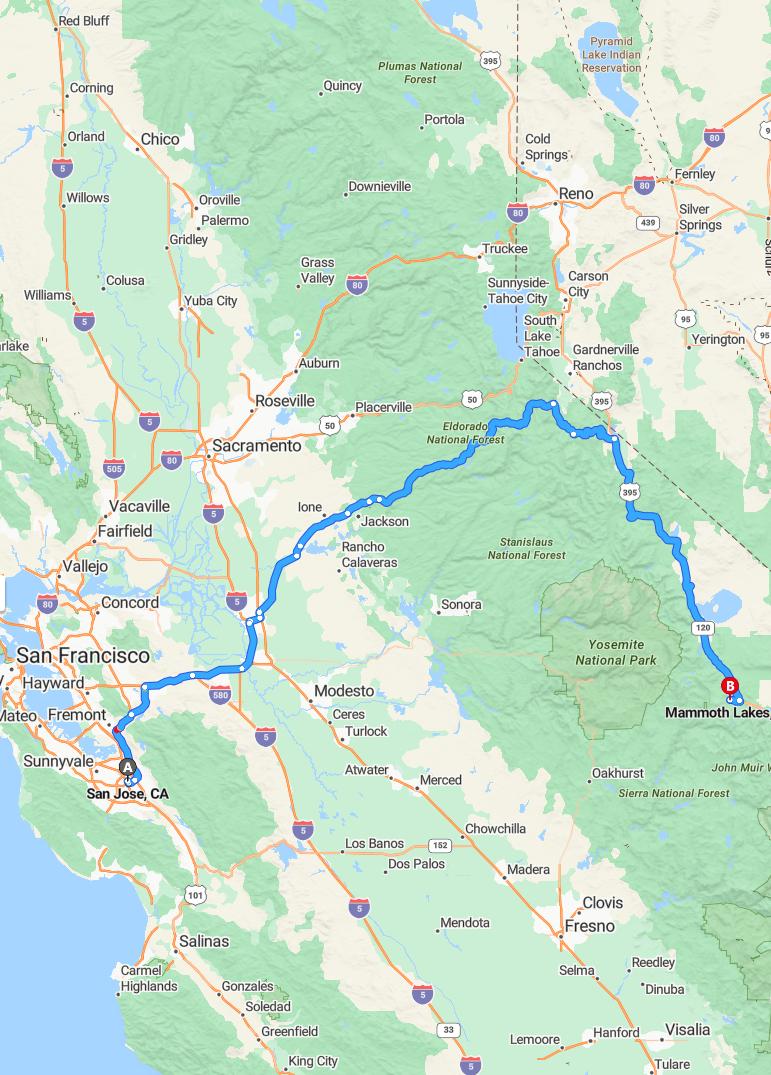driving from San Jose, California to Mammoth LakesCalifornia - map and route