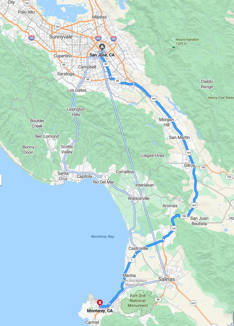 driving from San Jose, California to MontereyCalifornia - map and route