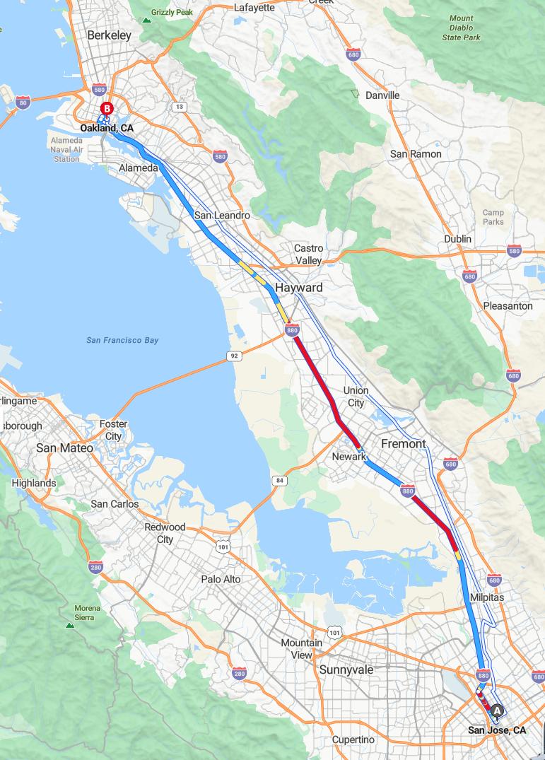 driving from San Jose, California to OaklandCalifornia - map and route