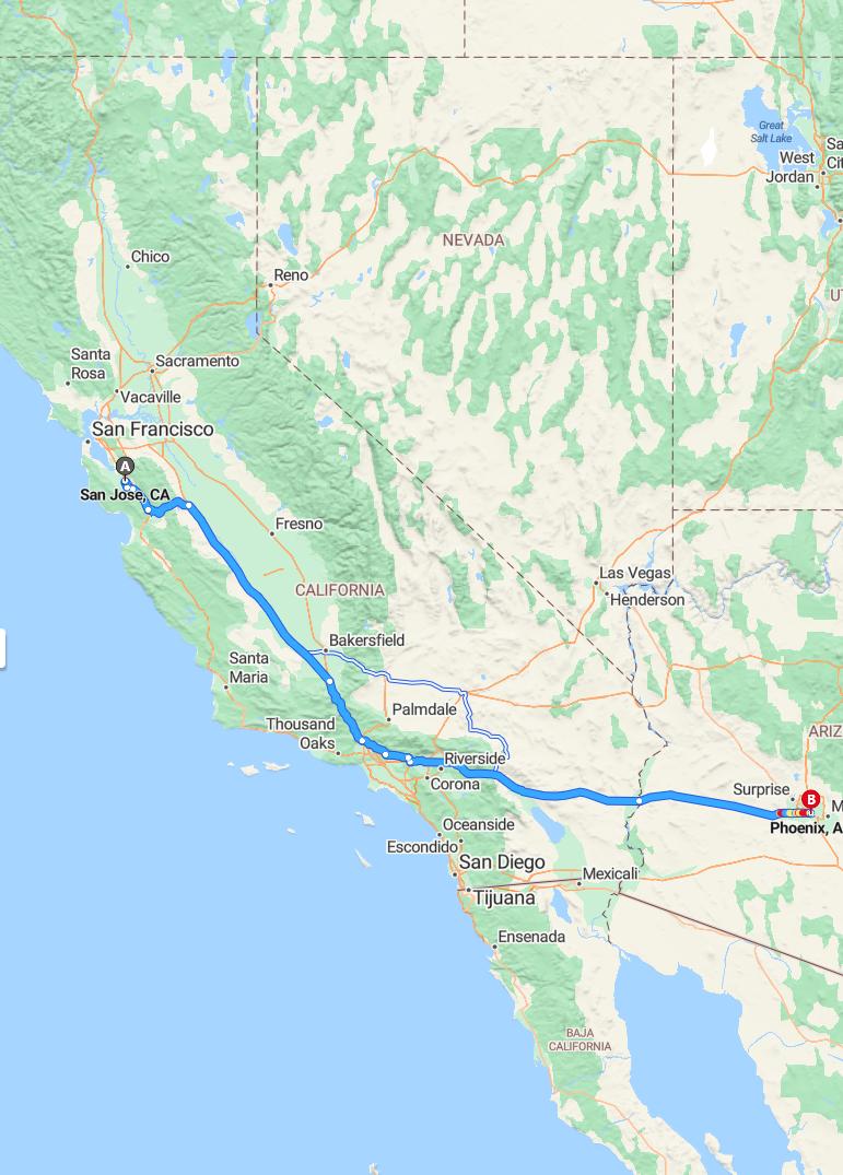 driving from San Jose, California to PhoenixArizona - map and route