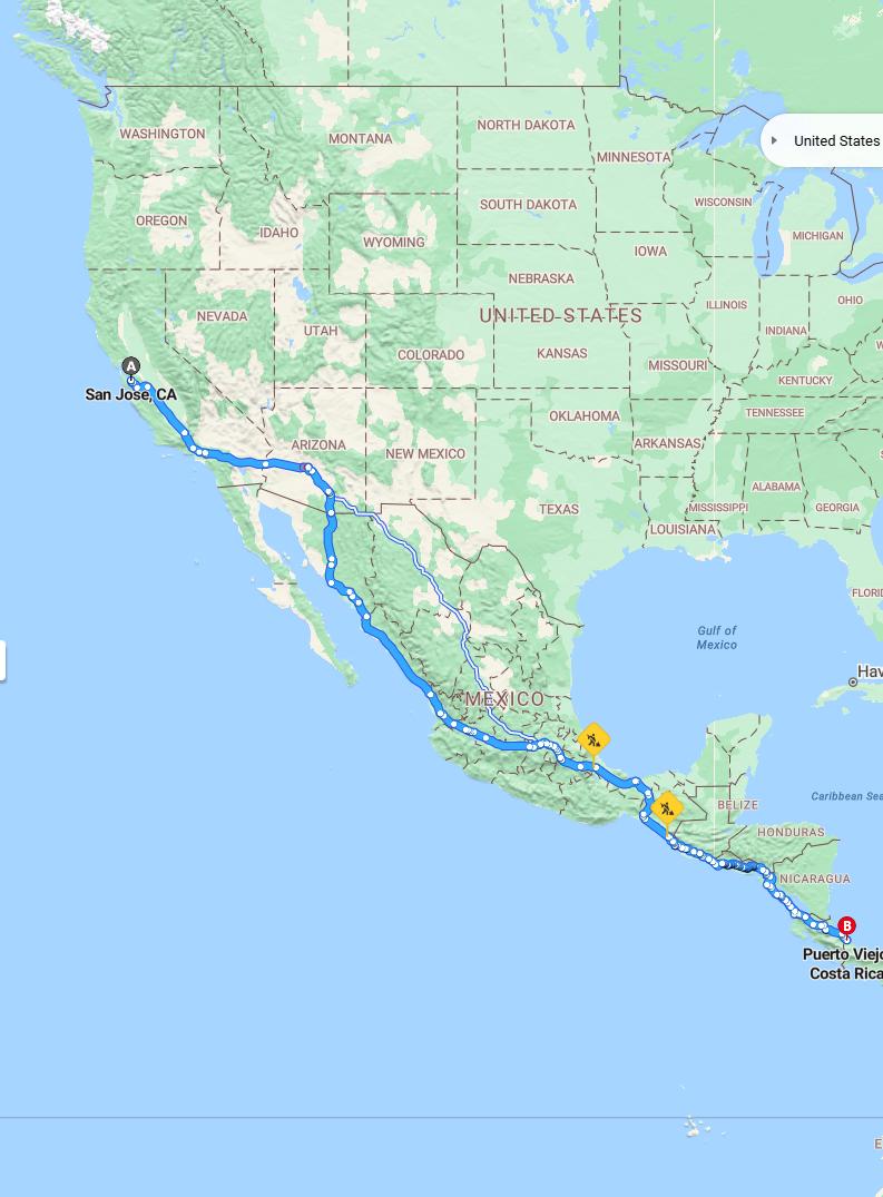 driving from San Jose, California to Puerto Viejo de TalamancaLimon - map and route