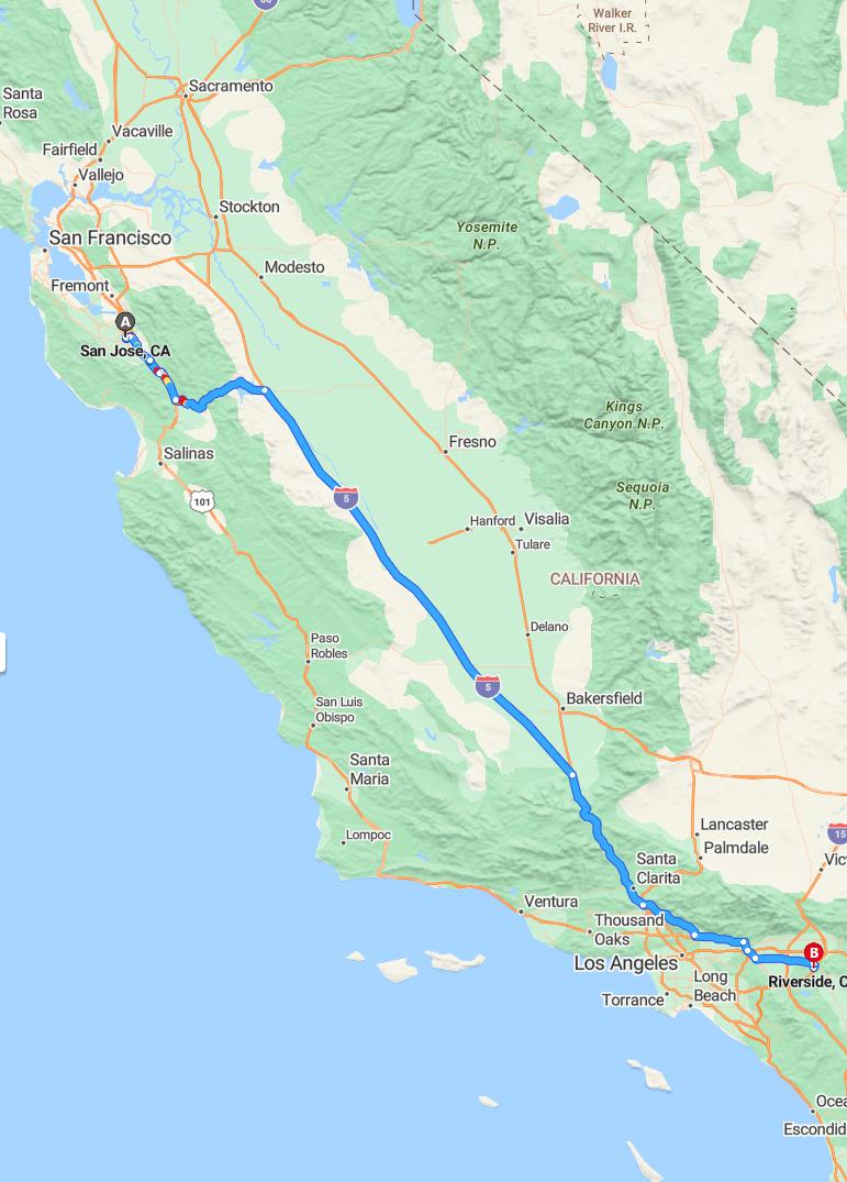 driving from San Jose, California to RiversideCalifornia - map and route
