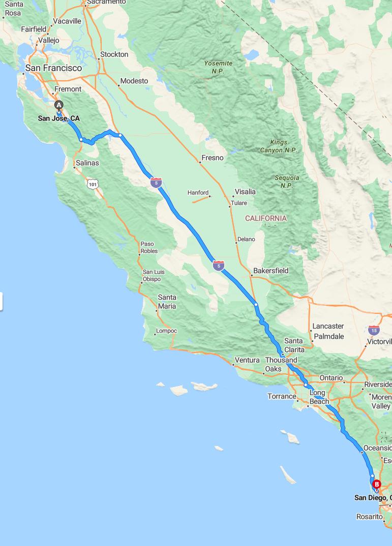 driving from San Jose, California to San DiegoCalifornia - map and route