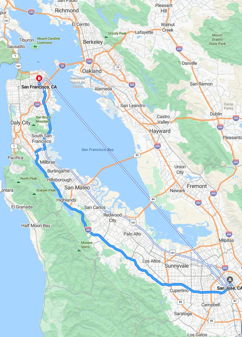 driving from San Jose, California to San FranciscoCalifornia - map and route