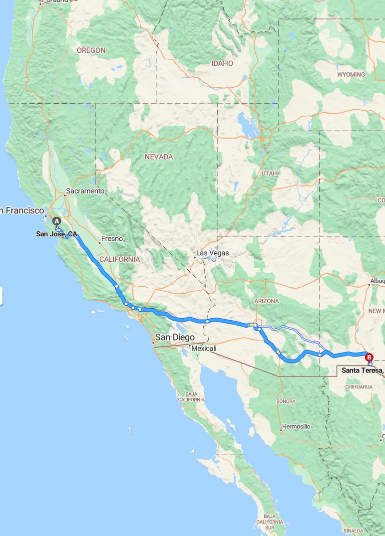 driving from San Jose, California to Santa TeresaNew Mexico - map and route