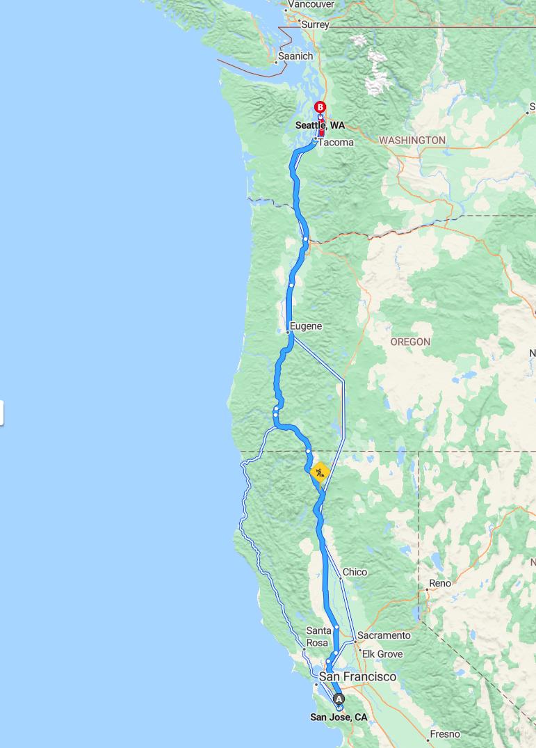 driving from San Jose, California to SeattleWashington - map and route