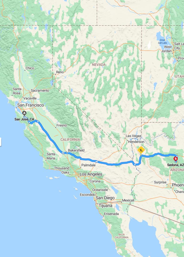 driving from San Jose, California to SedonaArizona - map and route