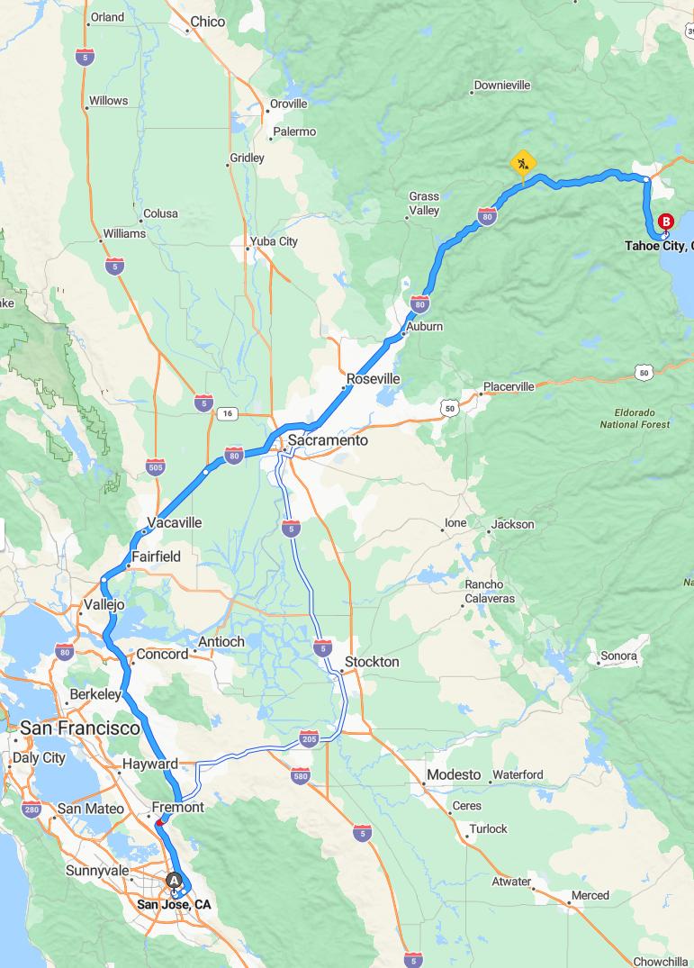 driving from San Jose, California to TahoeCalifornia - map and route