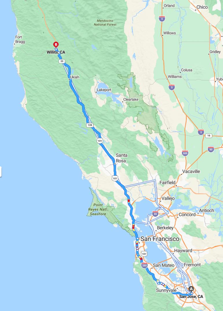 driving from San Jose, California to WillitsCalifornia - map and route
