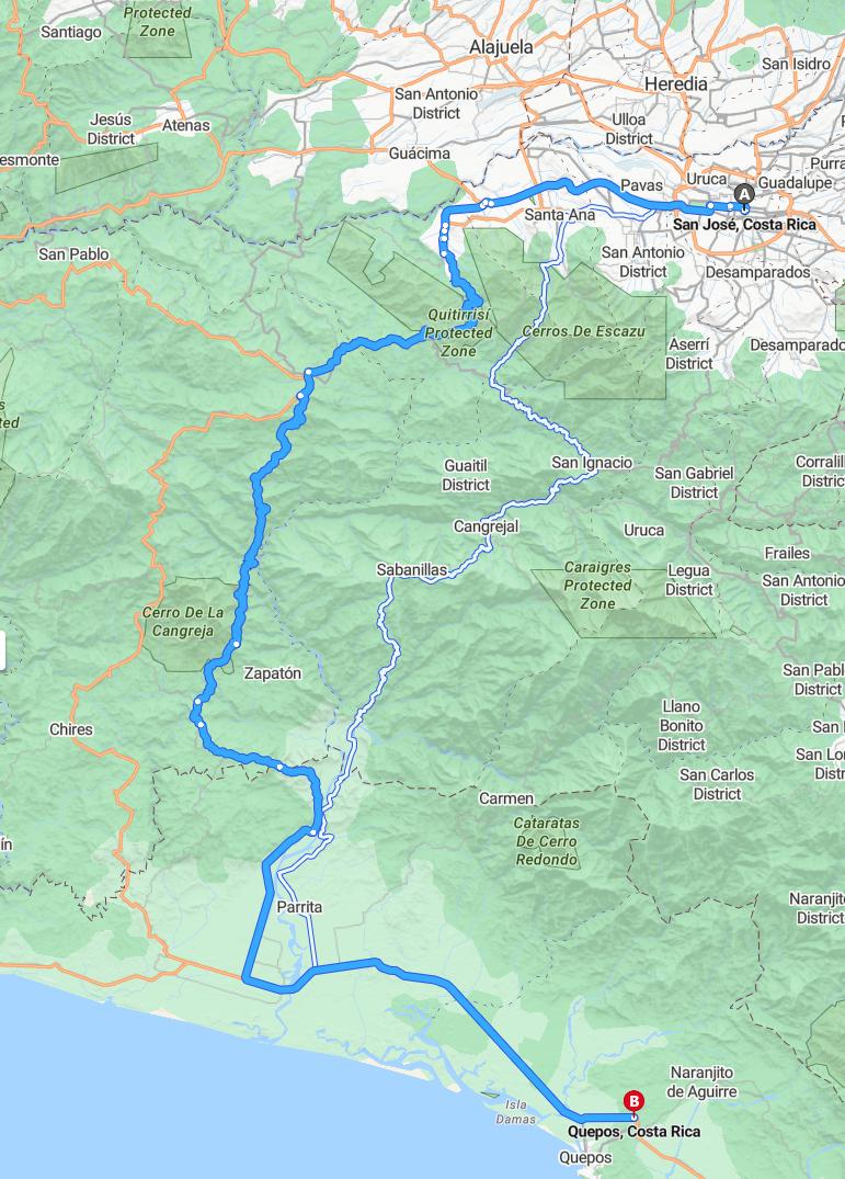 driving from San Jose, Costa Rica to QueposCosta Rica - map and route
