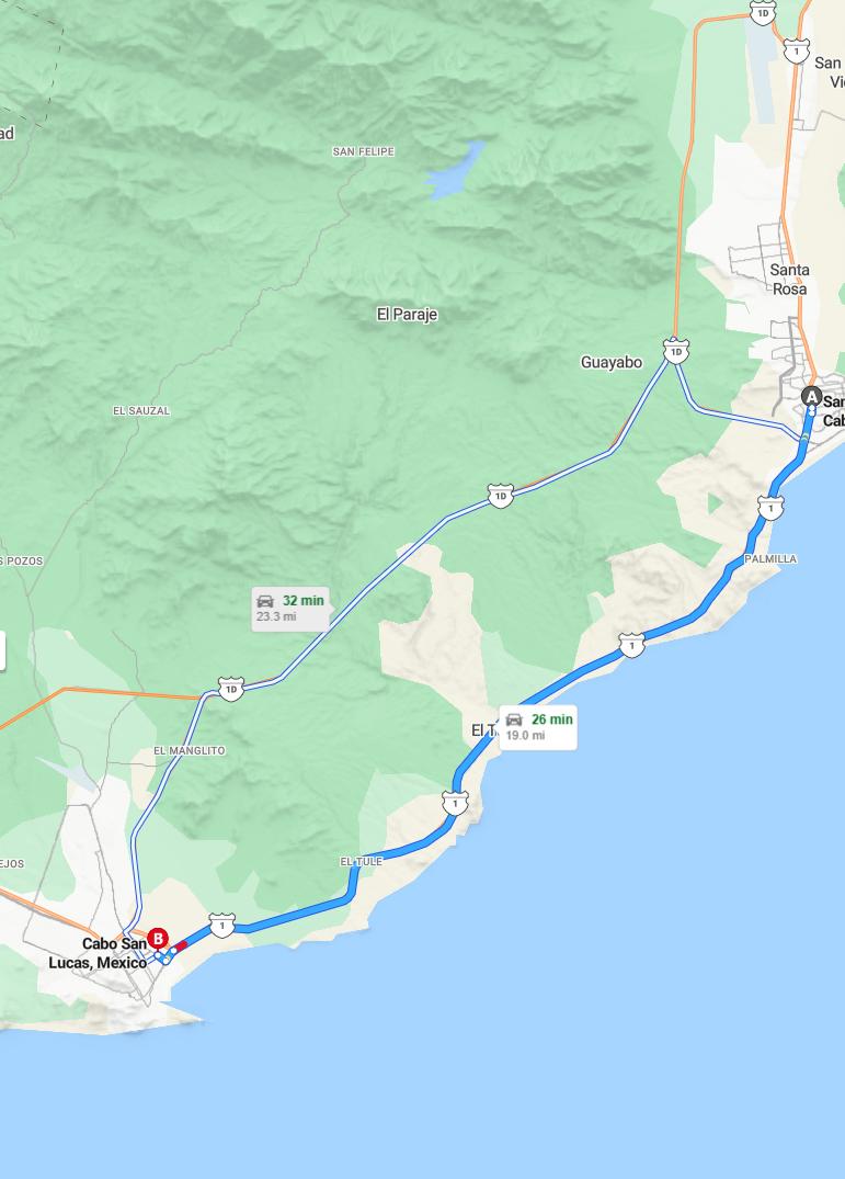 driving from San Jose del Cabo, Baja California Sur to Cabo San LucasBaja California Sur - map and route