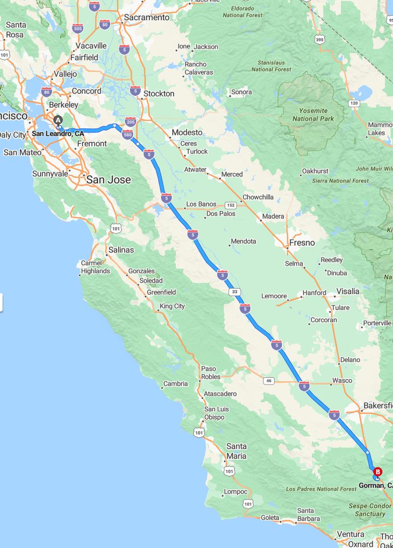 driving from San Leandro, California to GormanCalifornia - map and route