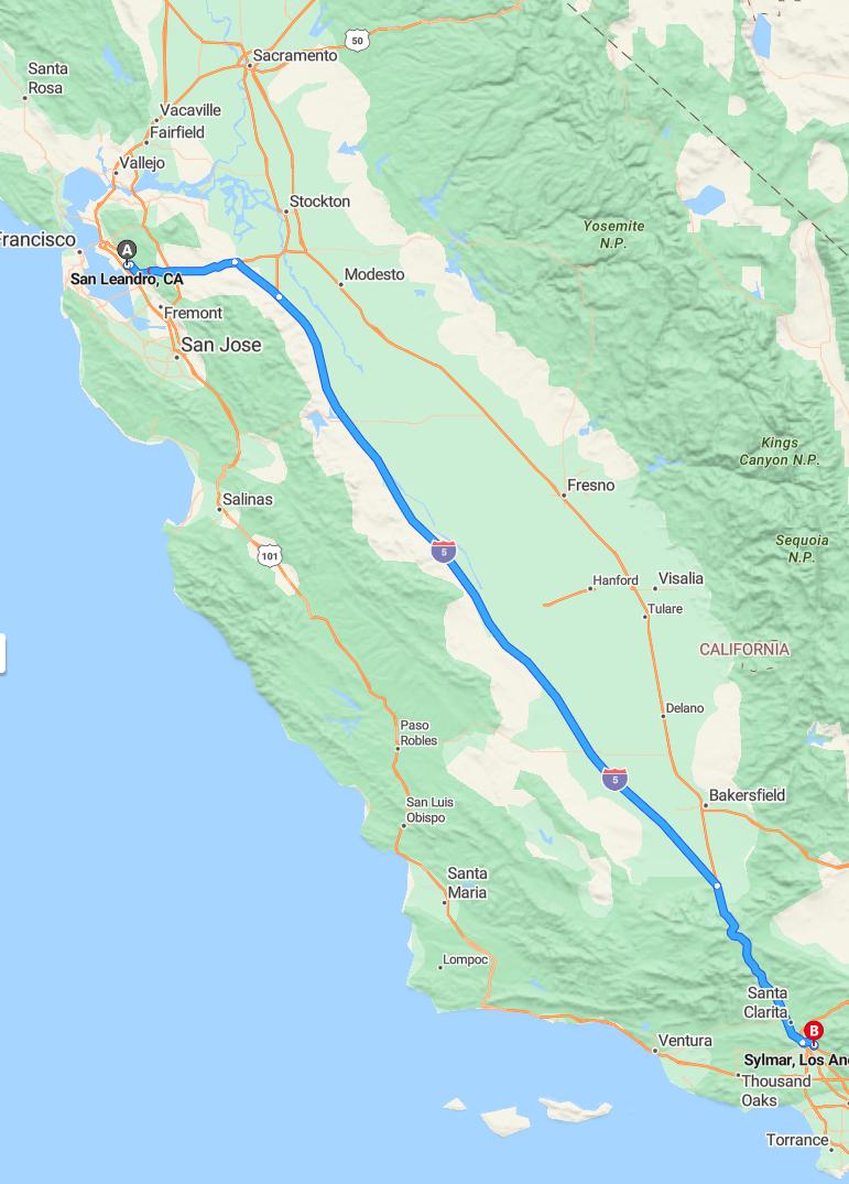 driving from San Leandro, California to SylmarCalifornia - map and route