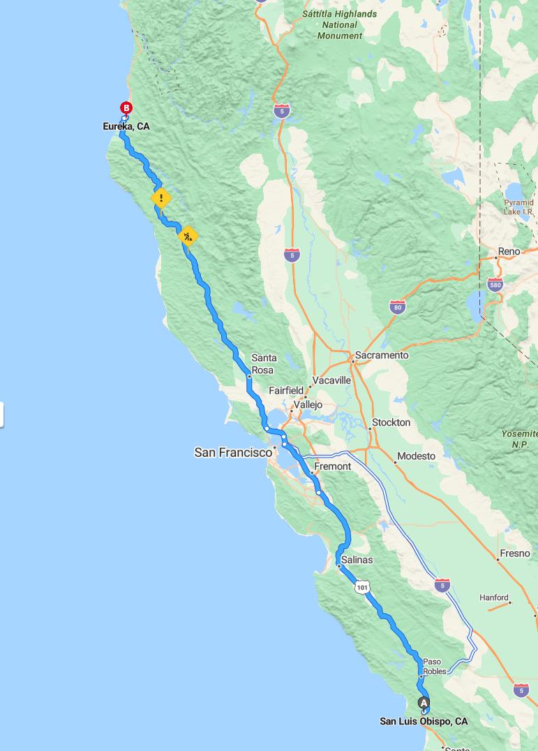 driving from San Luis Obispo, California to EurekaCalifornia - map and route
