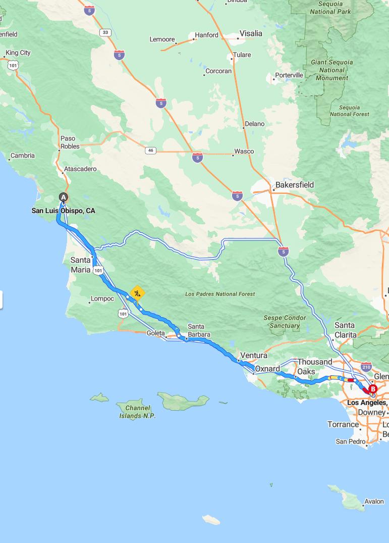 driving from San Luis Obispo, California to Los AngelesCalifornia - map and route