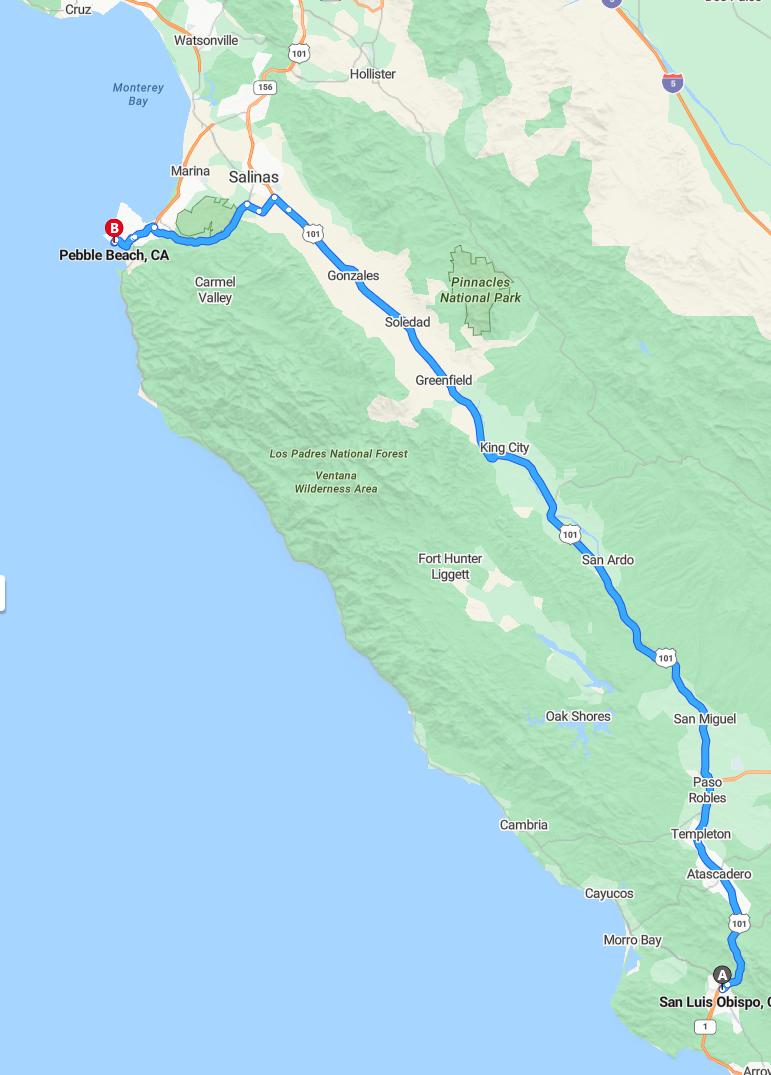 driving from San Luis Obispo, California to Pebble BeachCalifornia - map and route