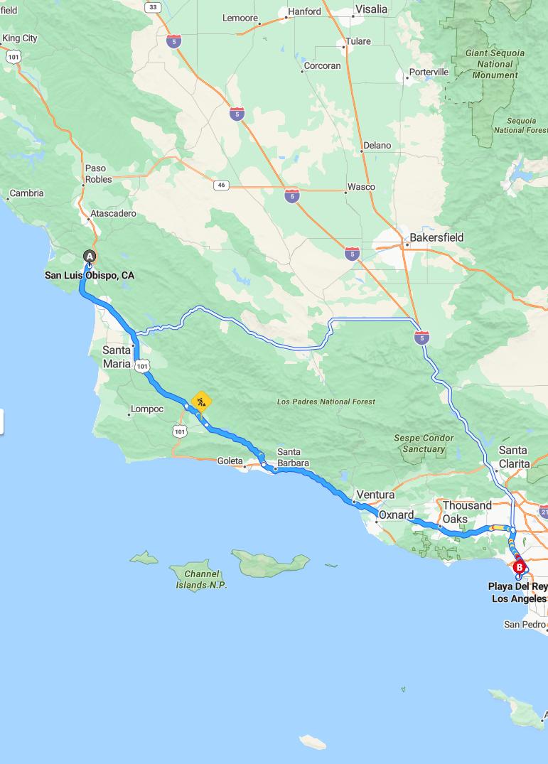 driving from San Luis Obispo, California to Playa del ReyCalifornia - map and route