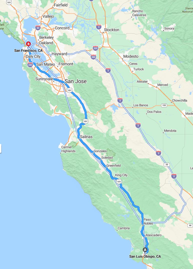 driving from San Luis Obispo, California to San FranciscoCalifornia - map and route