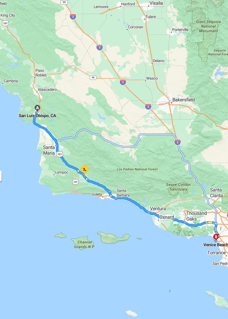 driving from San Luis Obispo, California to Venice BeachCalifornia - map and route