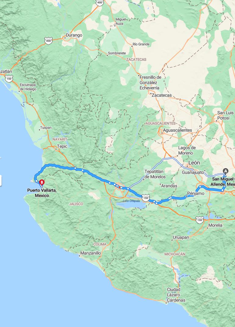 driving from San Miguel de Allende, Guanajuato to Puerto VallartaJalisco - map and route