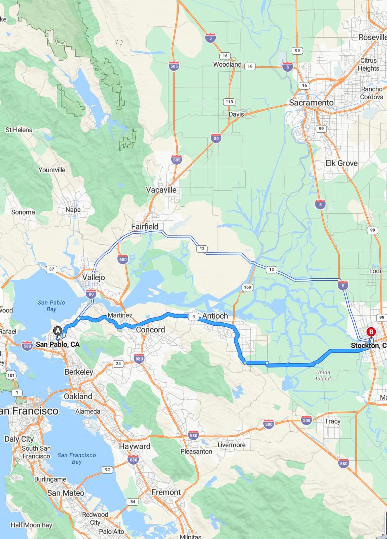 driving from San Pablo, California to StocktonCalifornia - map and route