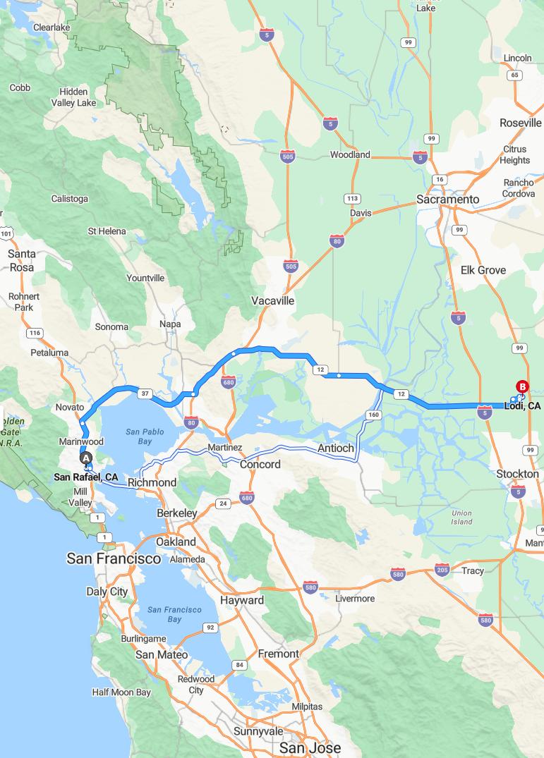 driving from San Rafael, California to LodiCalifornia - map and route