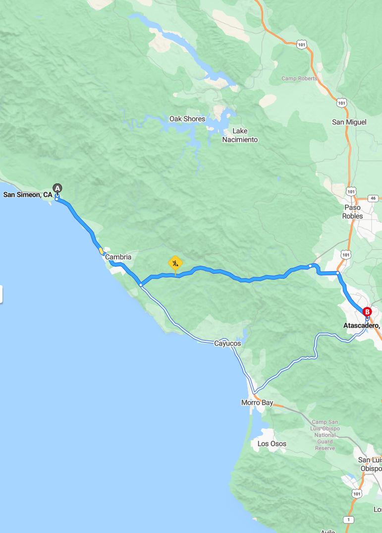driving from San Simeon, California to AtascaderoCalifornia - map and route