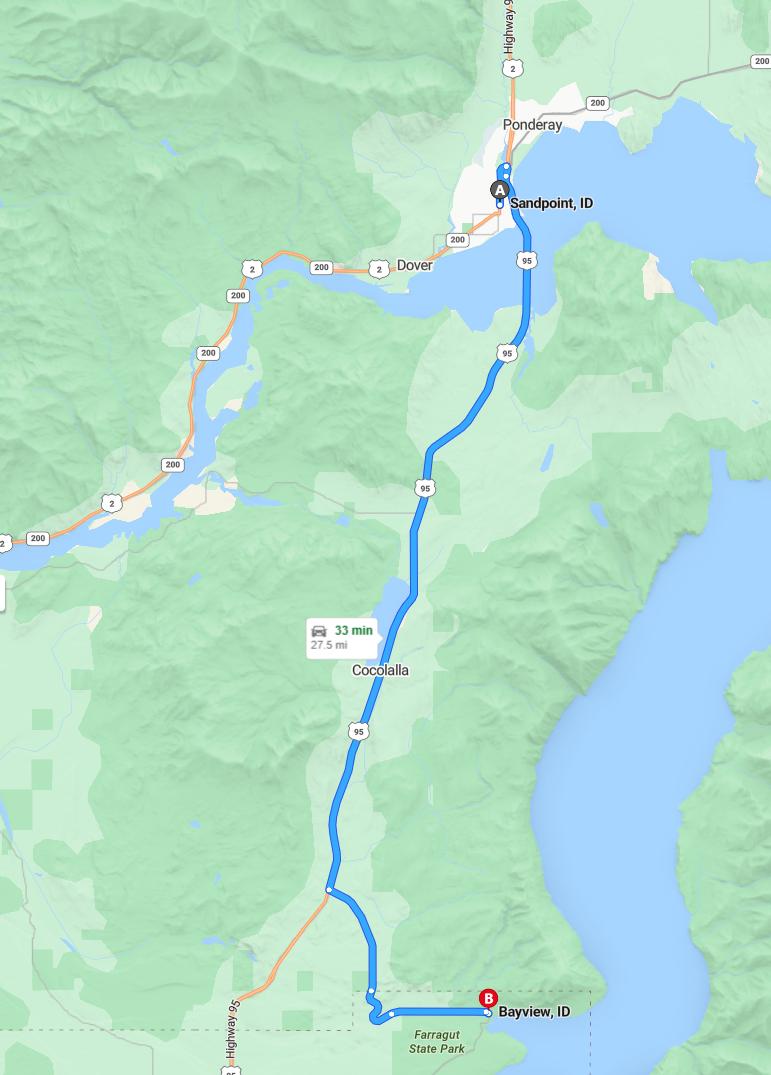 driving from Sandpoint, Idaho to BayviewIdaho - map and route
