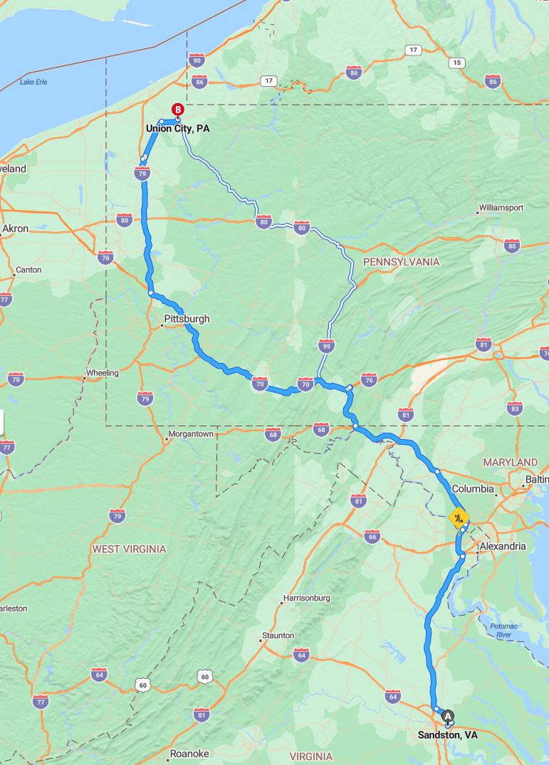 driving from Sandston, Virginia to Union CityPennsylvania - map and route