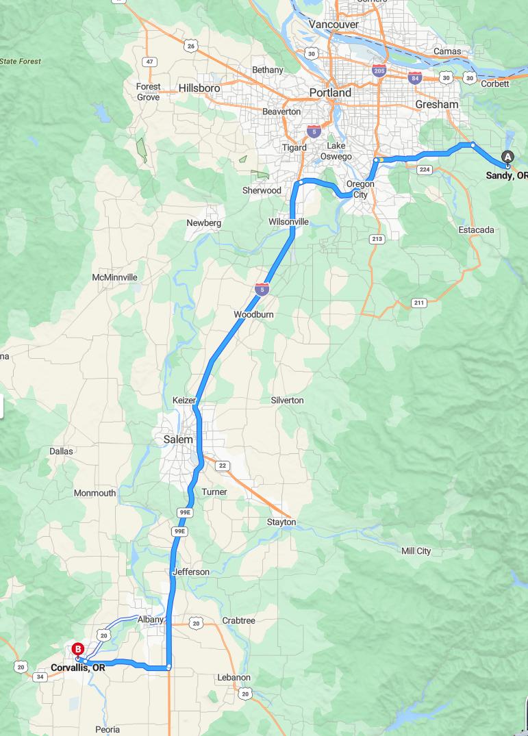 driving from Sandy, Oregon to CorvallisOregon - map and route