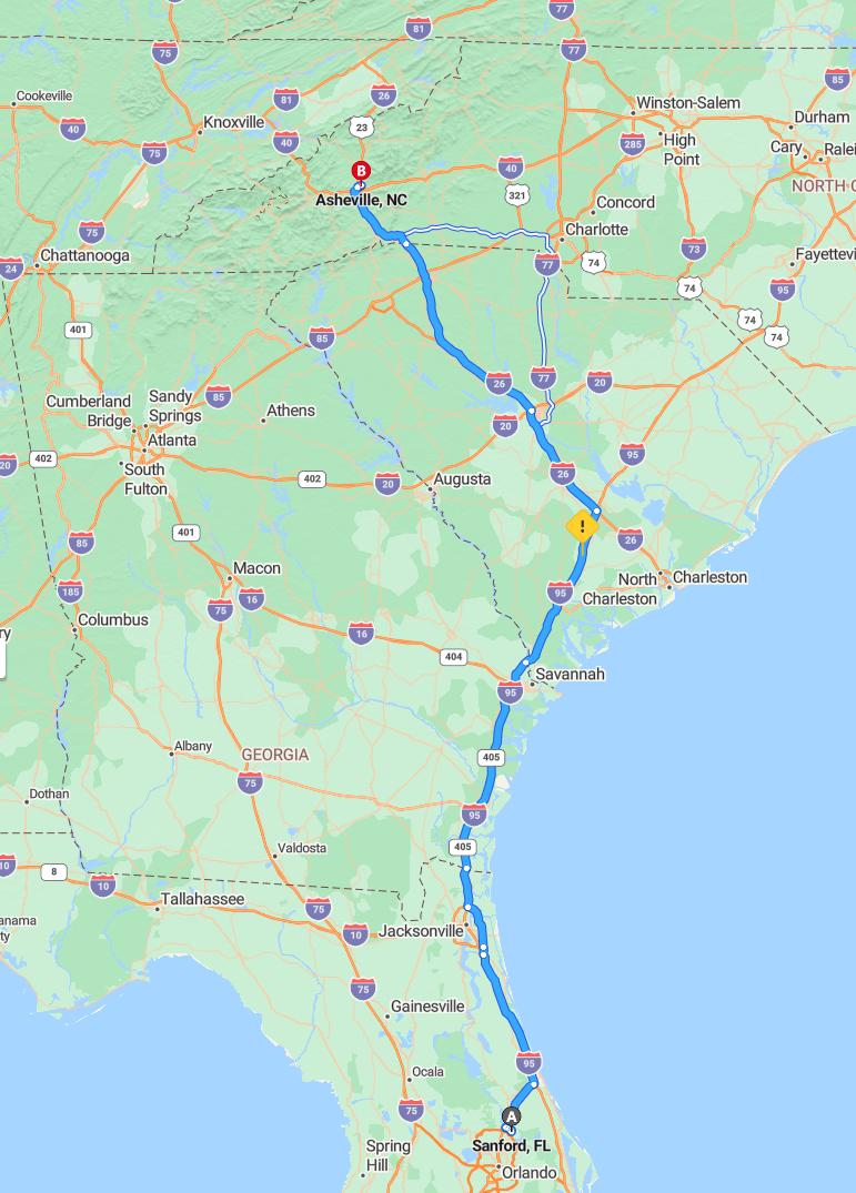 driving from Sanford, Florida to AshevilleNorth Carolina - map and route