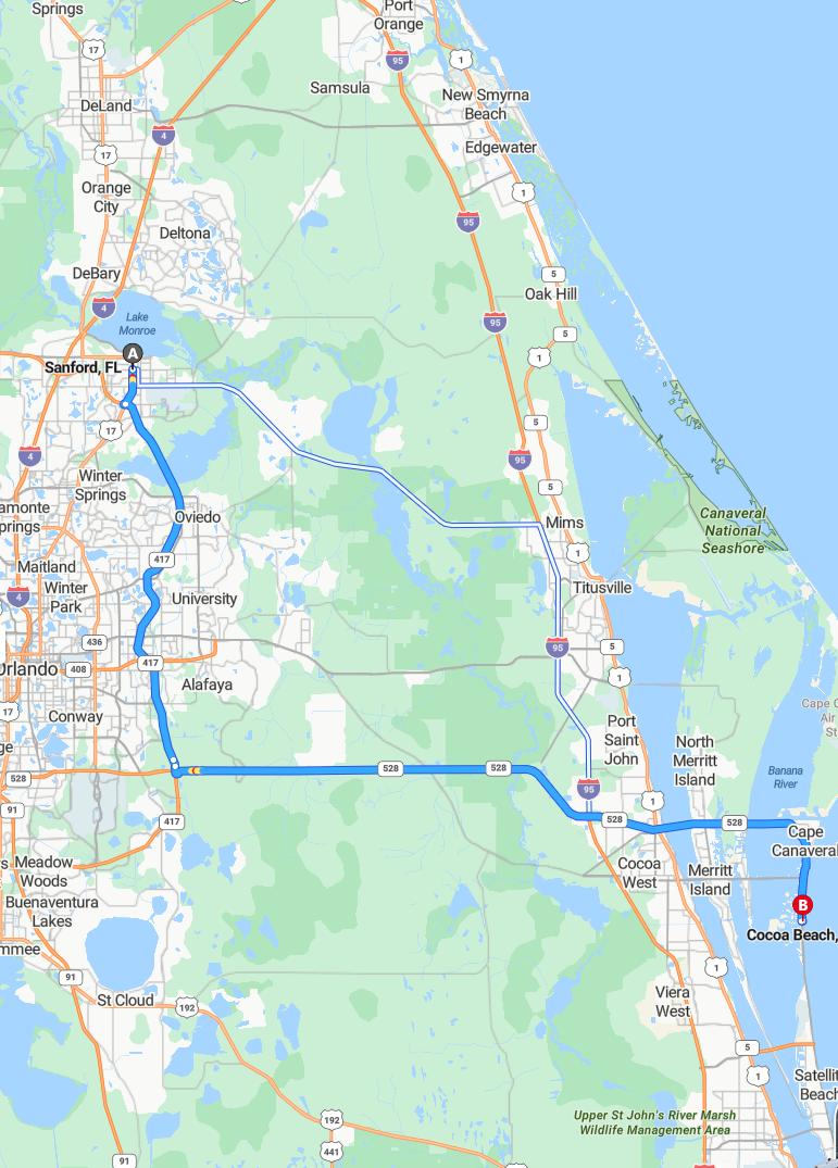 driving from Sanford, Florida to Cocoa BeachFlorida - map and route