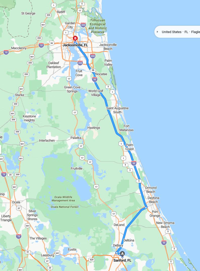 driving from Sanford, Florida to JacksonvilleFlorida - map and route