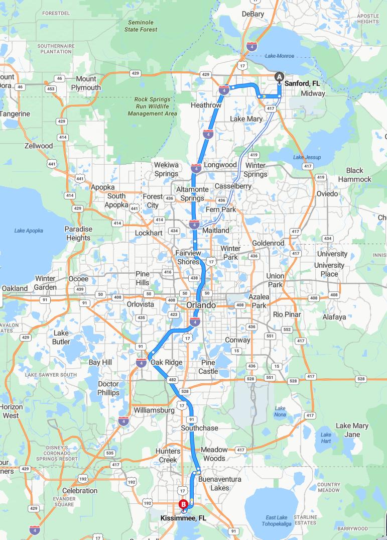driving from Sanford, Florida to KissimmeeFlorida - map and route