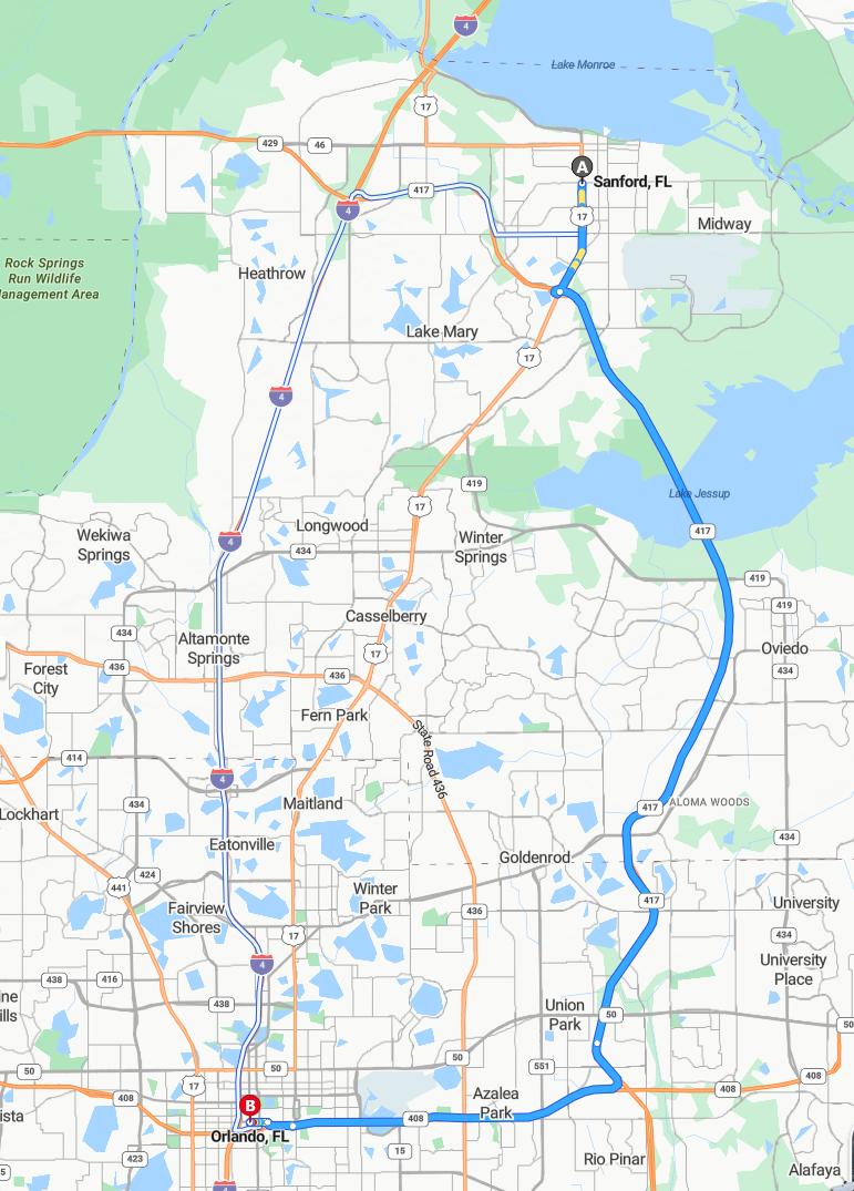 driving from Sanford, Florida to OrlandoFlorida - map and route