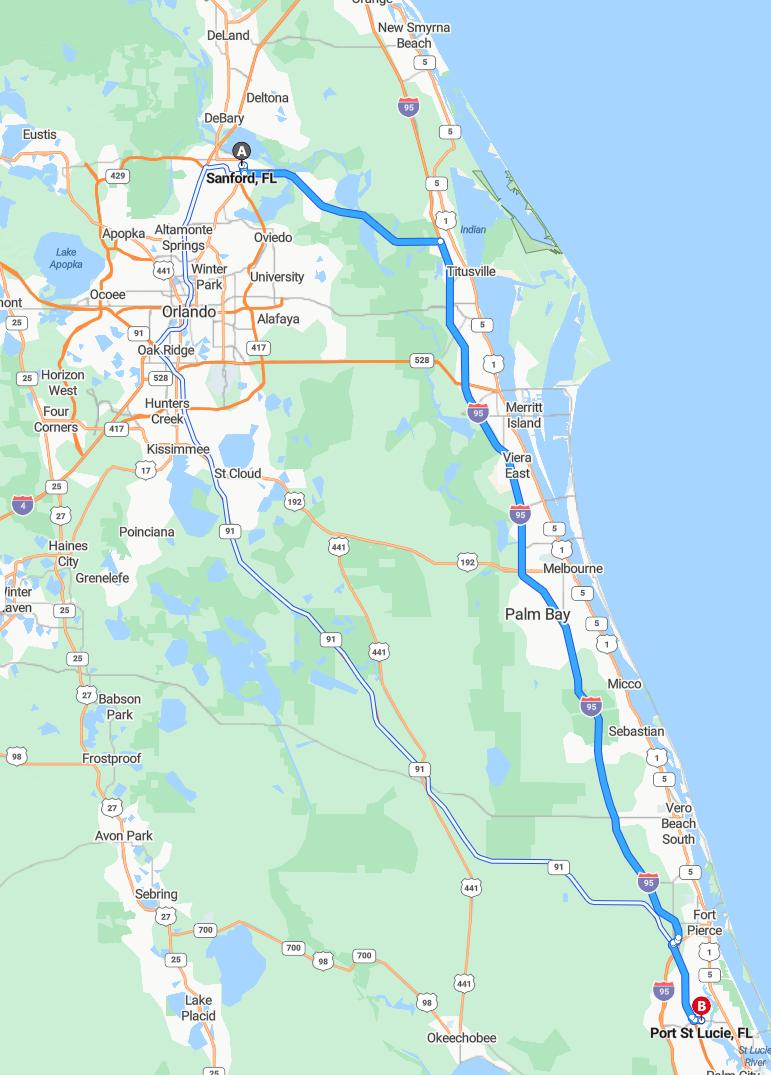 driving from Sanford, Florida to Port St. LucieFlorida - map and route