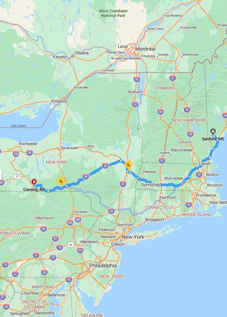 driving from Sanford, Maine to CorningNew York - map and route