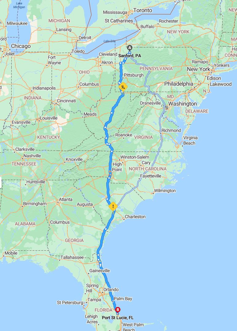 driving from Sanford, Pennsylvania to Port St. LucieFlorida - map and route