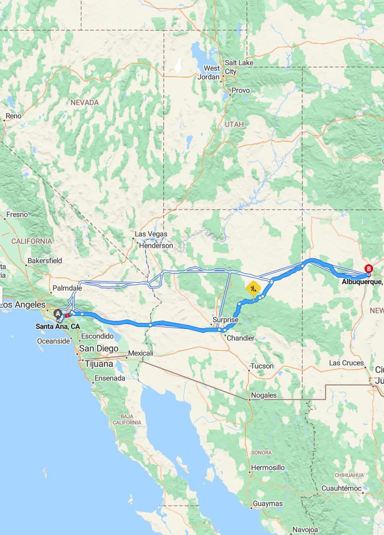 driving from Santa Ana, California to AlbuquerqueNew Mexico - map and route