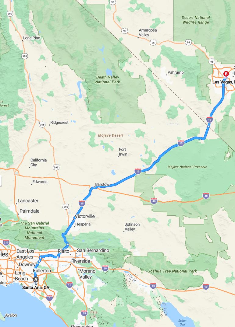 driving from Santa Ana, California to Las VegasNevada - map and route