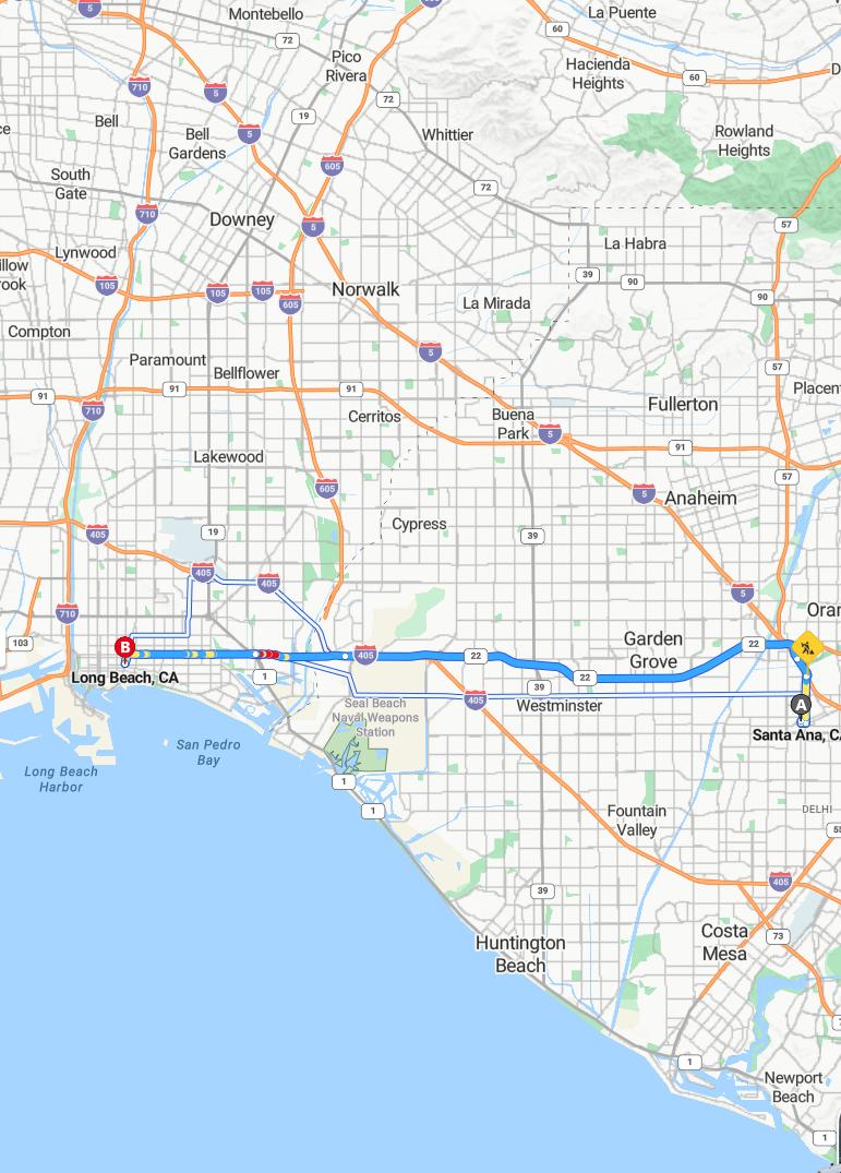 driving from Santa Ana, California to Long BeachCalifornia - map and route
