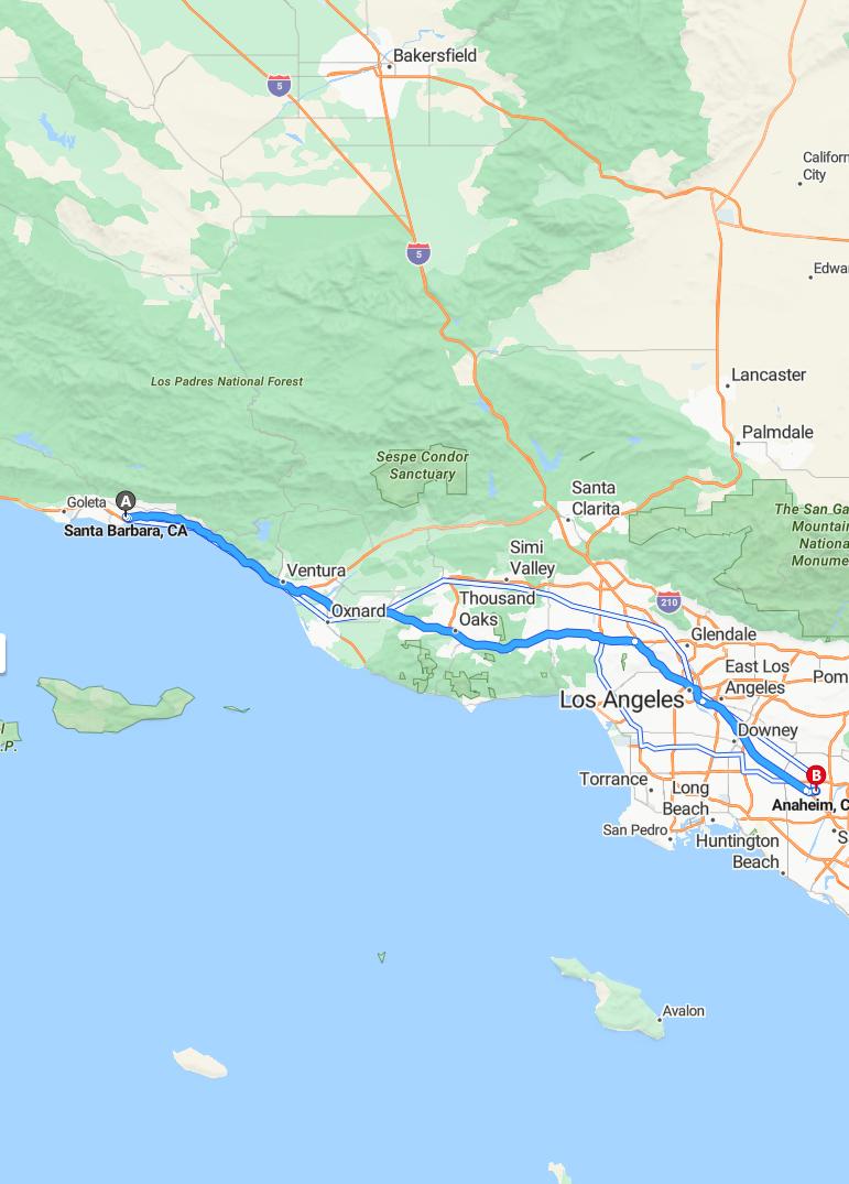 driving from Santa Barbara, California to AnaheimCalifornia - map and route