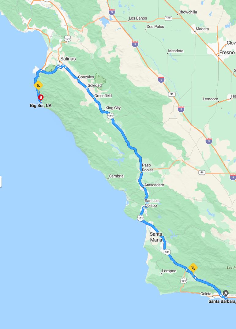 driving from Santa Barbara, California to Big SurCalifornia - map and route